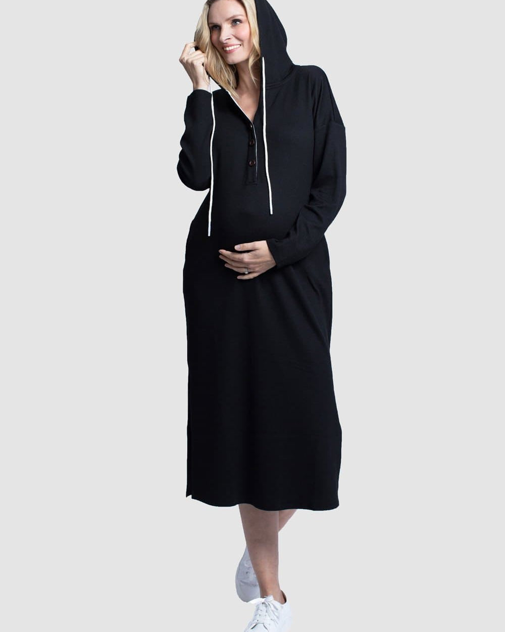Full View - Maternity Oversize Hoodie Button Nursing Dress - Black - Angel Maternity - Maternity clothes