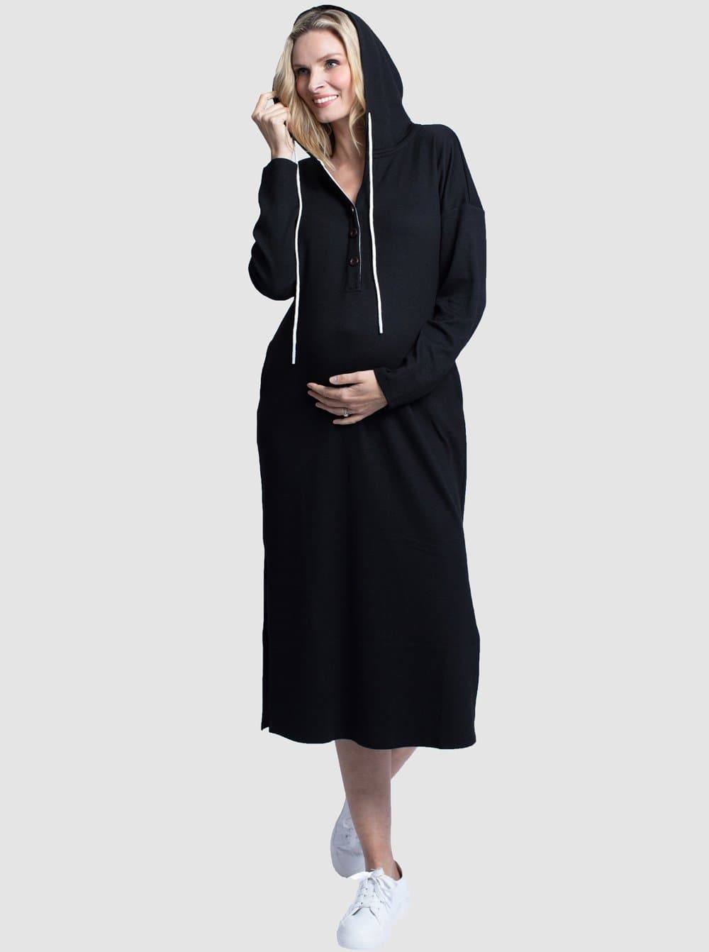 Full View - Maternity Oversize Hoodie Button Nursing Dress - Black - Angel Maternity - Maternity clothes