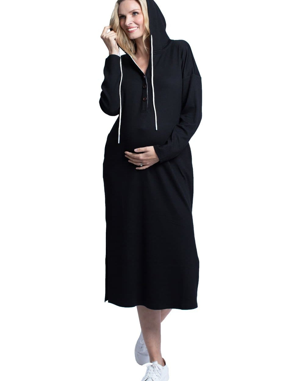 Main View - Maternity Oversize Hoodie Button Nursing Dress  - Black - Angel Maternity - Maternity clothes
