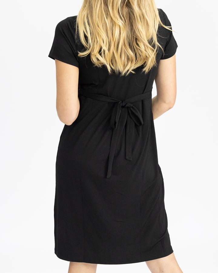 Back View - Maternity Crossover Neckline Tie Back Jersey Work Dress in Black