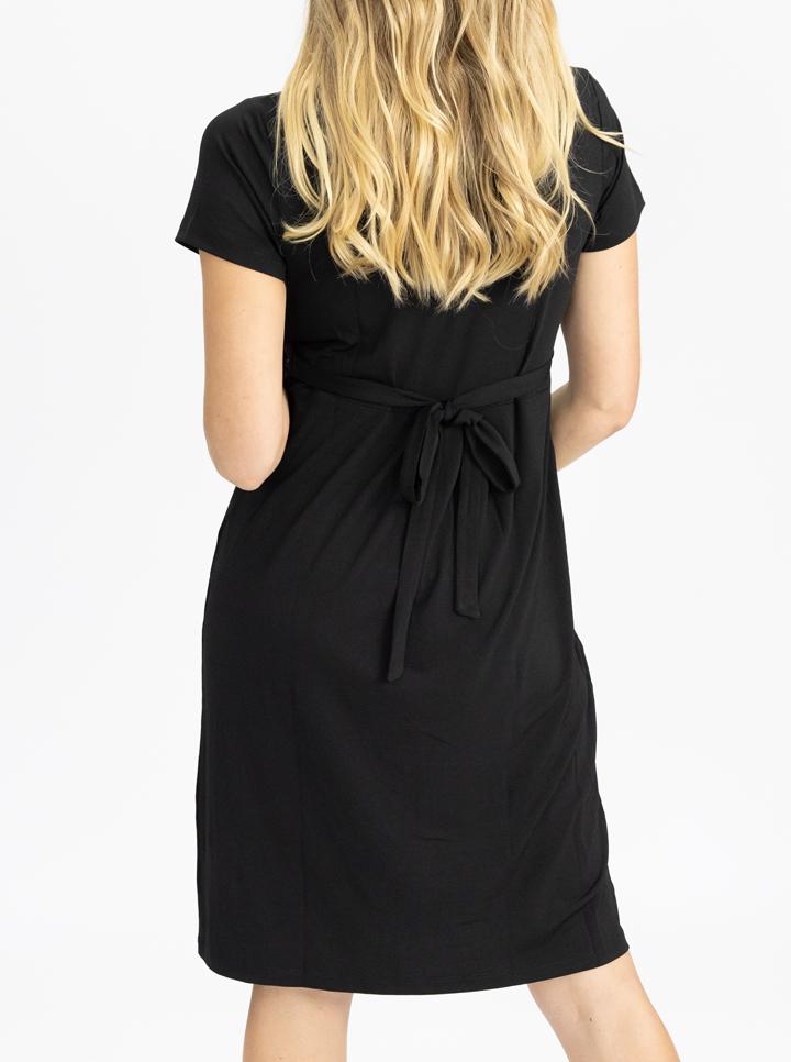 Back View - Maternity Crossover Neckline Tie Back Jersey Work Dress in Black