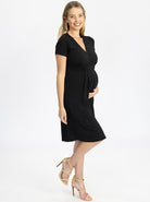 Side View - Maternity Crossover Neckline Tie Back Jersey Work Dress in Black from Angel Maternity