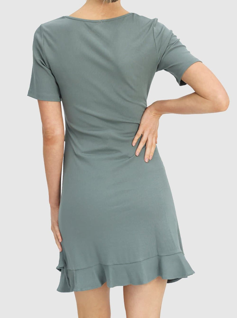 Back View - A Pregnant Woman Maternity Short Sleeve Frilled Dress in Dusty Mint