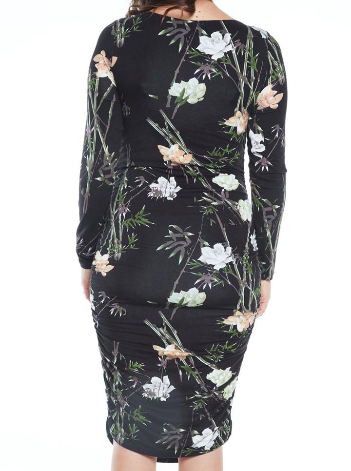 Maternity Bodycon Long Sleeve Print Dress - Black Floral - Angel Maternity - Maternity clothes - shop online (4501610463335)