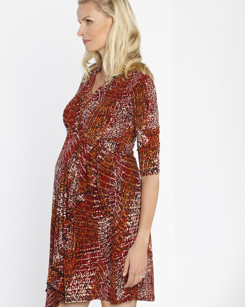 Maternity Mock Wrap Half Sleeve Dress - Maroon Print side (10152226438)