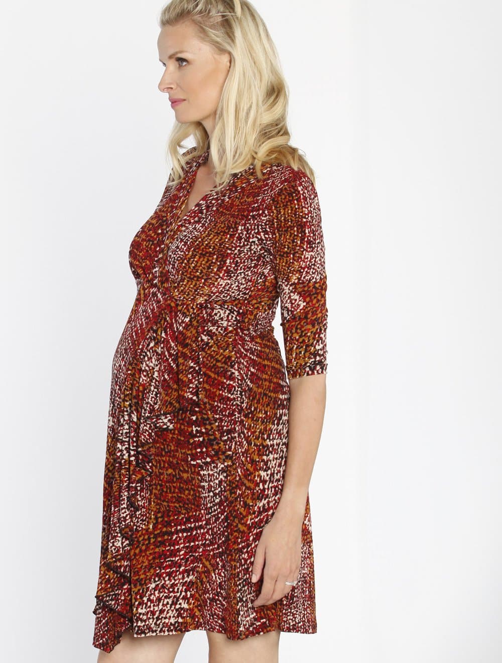 Maternity Mock Wrap Half Sleeve Dress - Maroon Print side (10152226438)