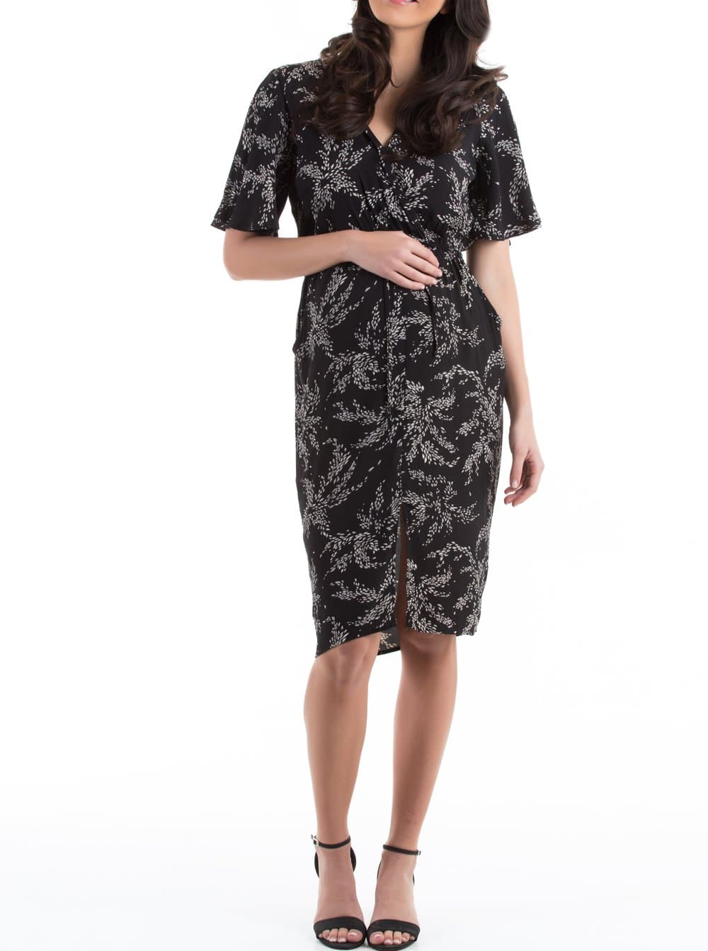 Maternity Drawstring Nursing Midi Dress - Black Leaf Print - Angel Maternity - Maternity clothes - shop online (2182960447591)