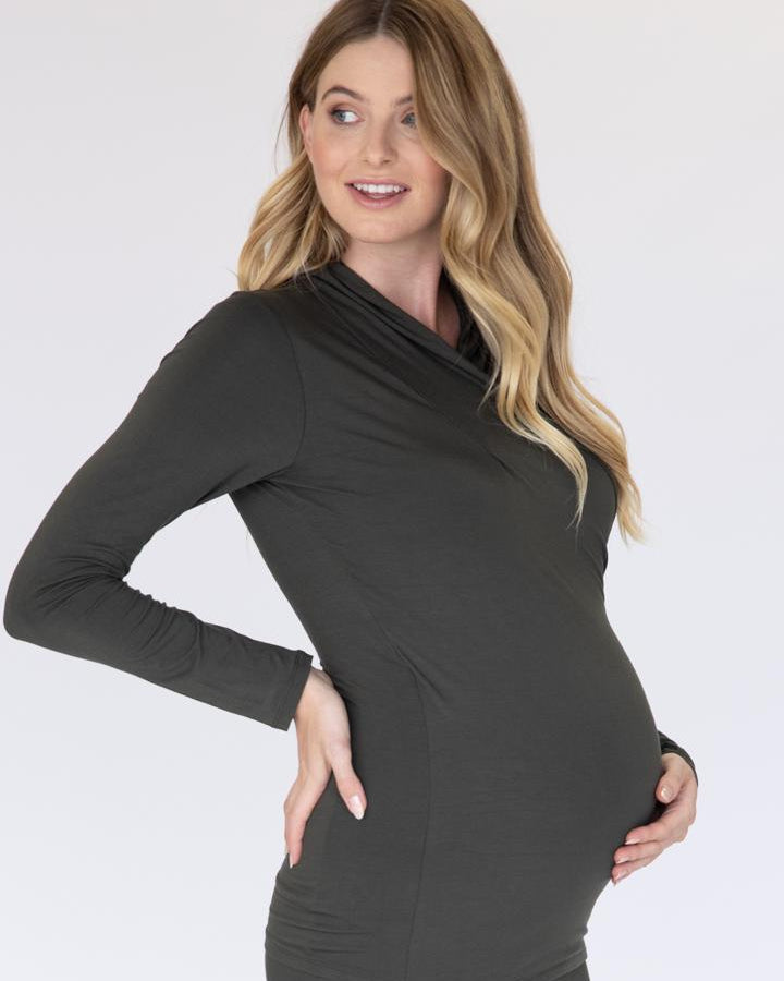 Maternity V-Neck Crossover Bamboo Long Sleeve Top - Khaki - Angel Maternity - Maternity clothes - shop online (6535991623783)