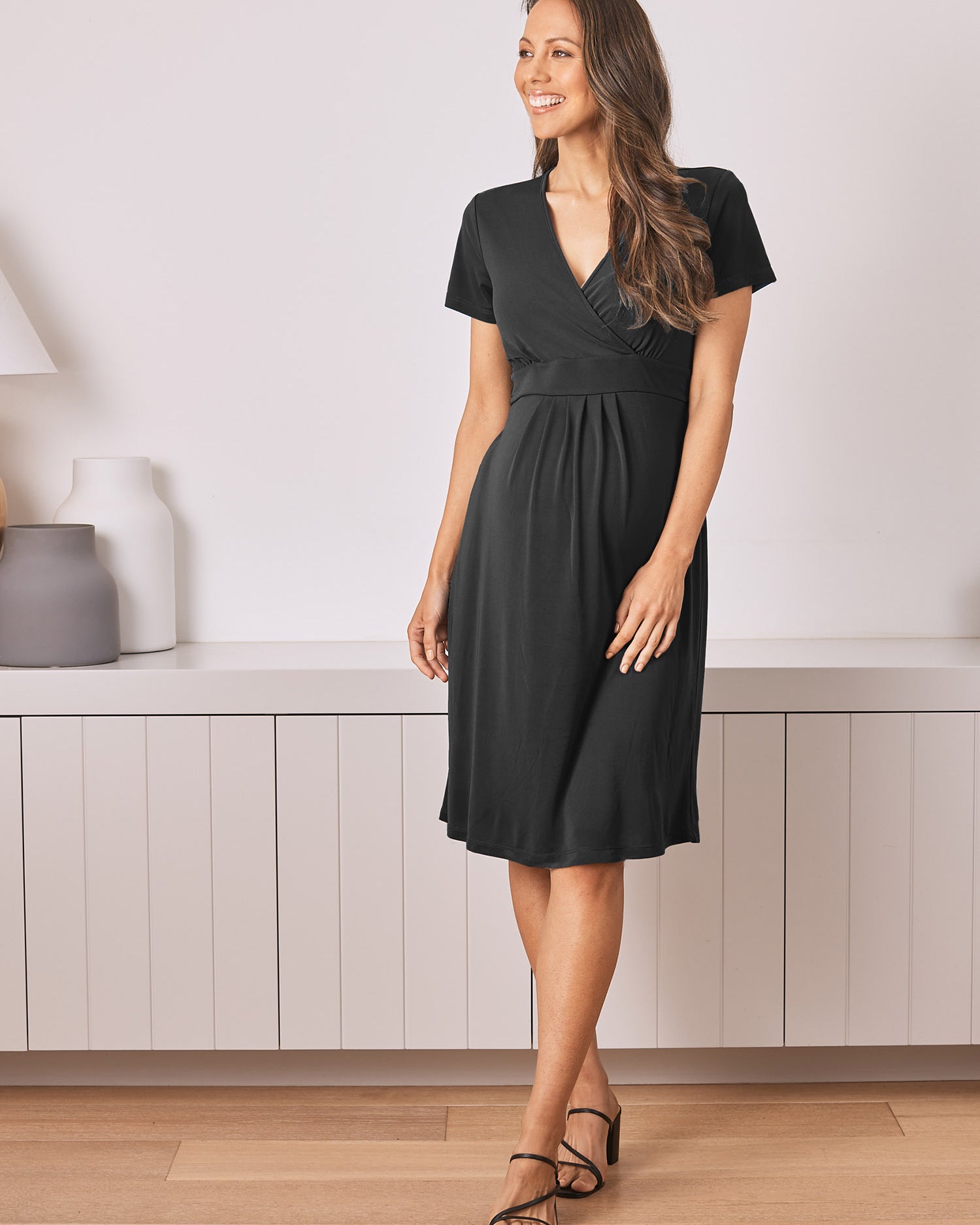 Main View - Maternity Crossover Neckline Tie Back Jersey Work Dress in Black from Angel Maternity