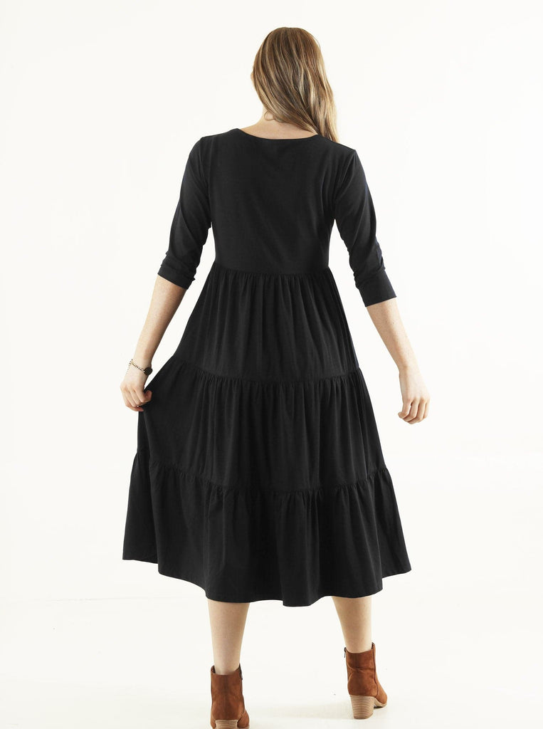 Lili Maternity Tiered Midi Dress in Black (6653090398311)