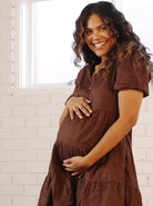 Aubrey Linen Maternity Tiered  Dress in Espresso (6692978393191)