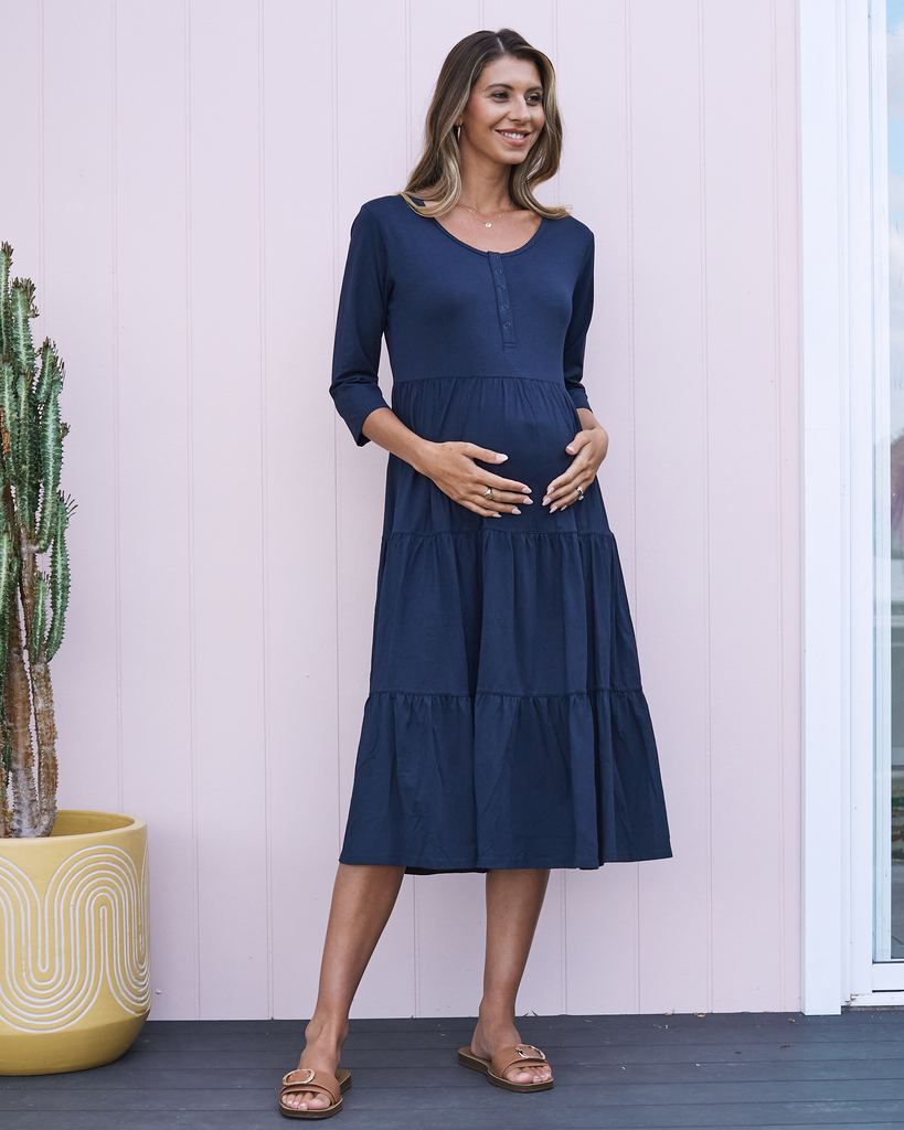 Essential Maternity Tiered Midi Dress in Navy - Angel Maternity USA