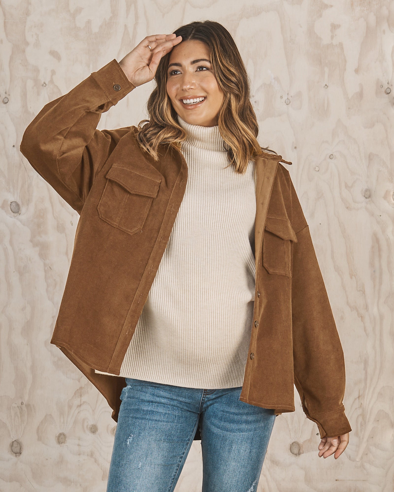 Front view - Maternity corduroy jacket camel