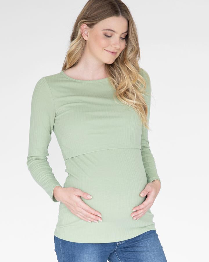 Long Sleeve Maternity & Nursing Cotton Top in Green (6539094294631)