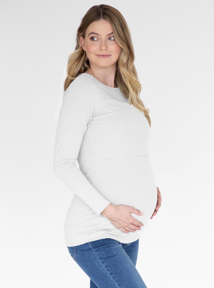 Long Sleeve Maternity & Nursing Cotton Top in White main (6539091968103)