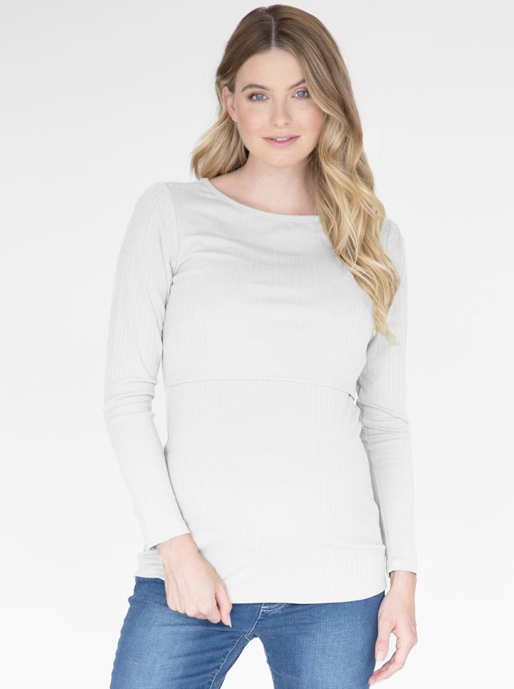Long Sleeve Maternity & Nursing Cotton Top in White front (6539091968103)