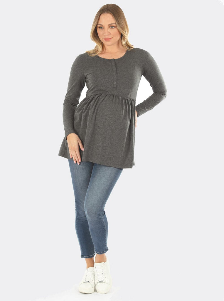 Maternity & Nursing Long Sleeve Baby Doll Tee In Charcoal (6655076270183)