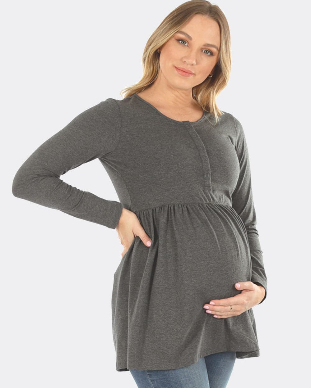 Maternity & Nursing Long Sleeve Baby Doll Tee In Charcoal (6655076270183)