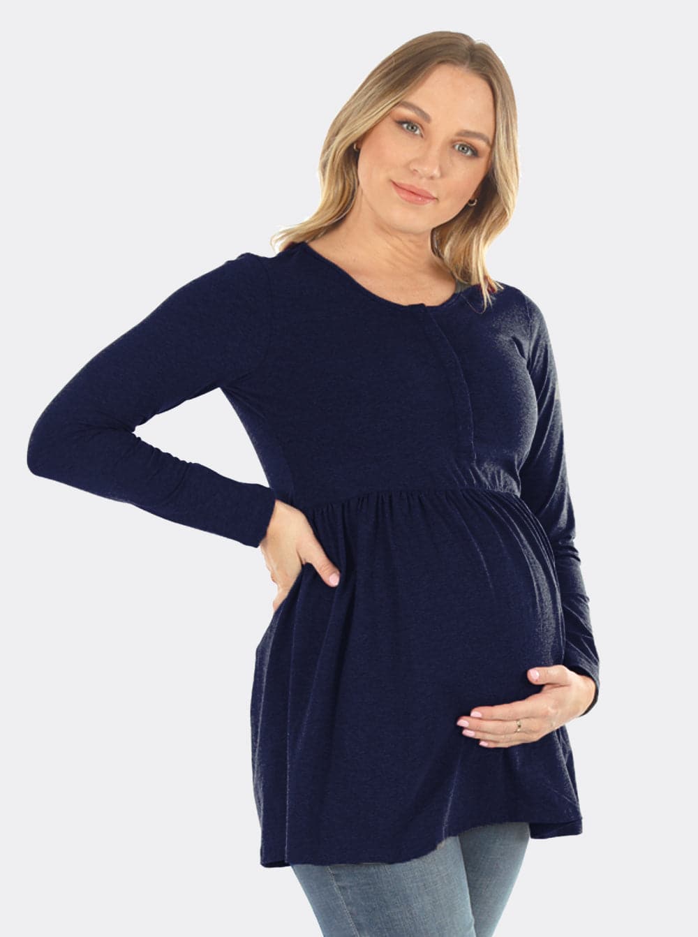 Maternity & Nursing Long Sleeve Baby Doll Tee In Navy (6655075975271)