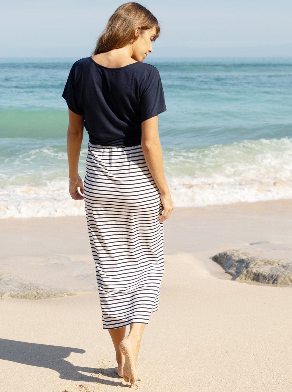 Maternity Maxi Bamboo Skirt  - Navy Stripes (4696093851751)