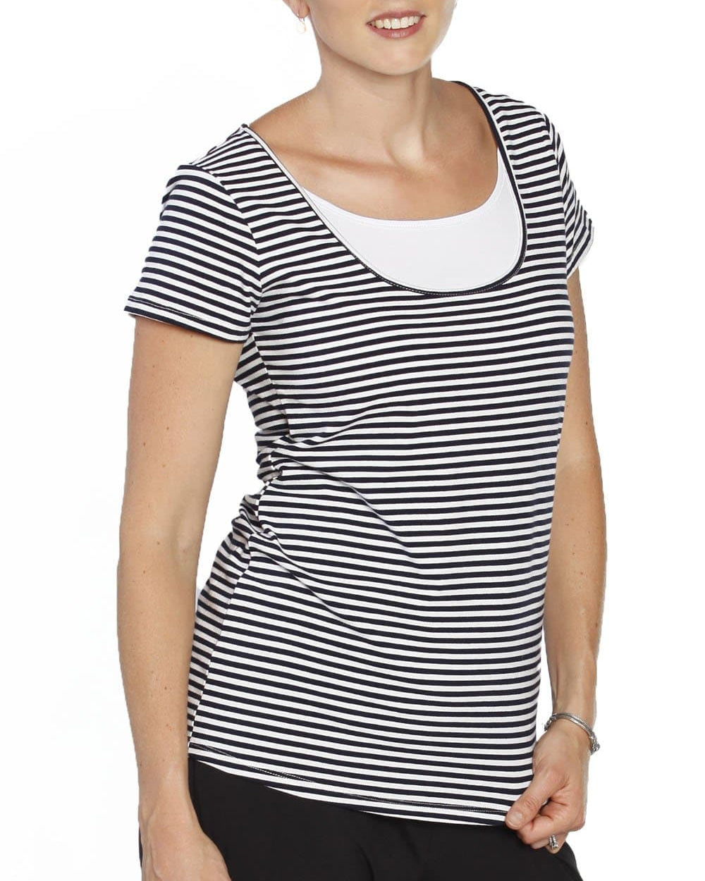 Breastfeeding Short Sleeve Tee Top - Black & White Stripes - Angel Maternity - Maternity clothes - shop online (121887457301)