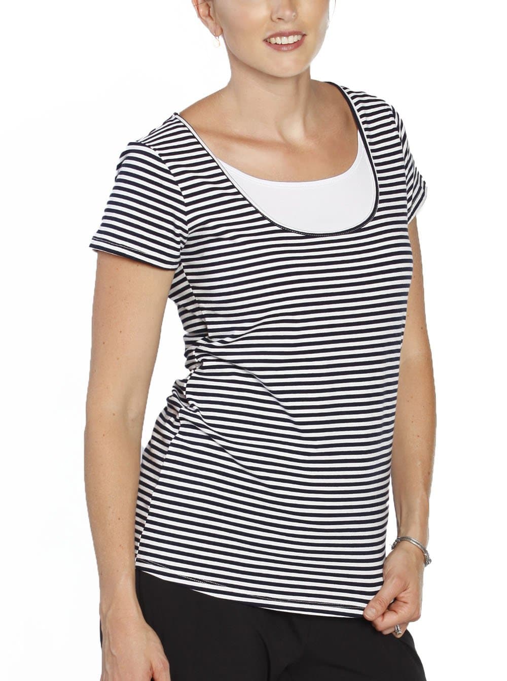 Breastfeeding Short Sleeve Tee Top - Black & White Stripes - Angel Maternity - Maternity clothes - shop online (121887457301)