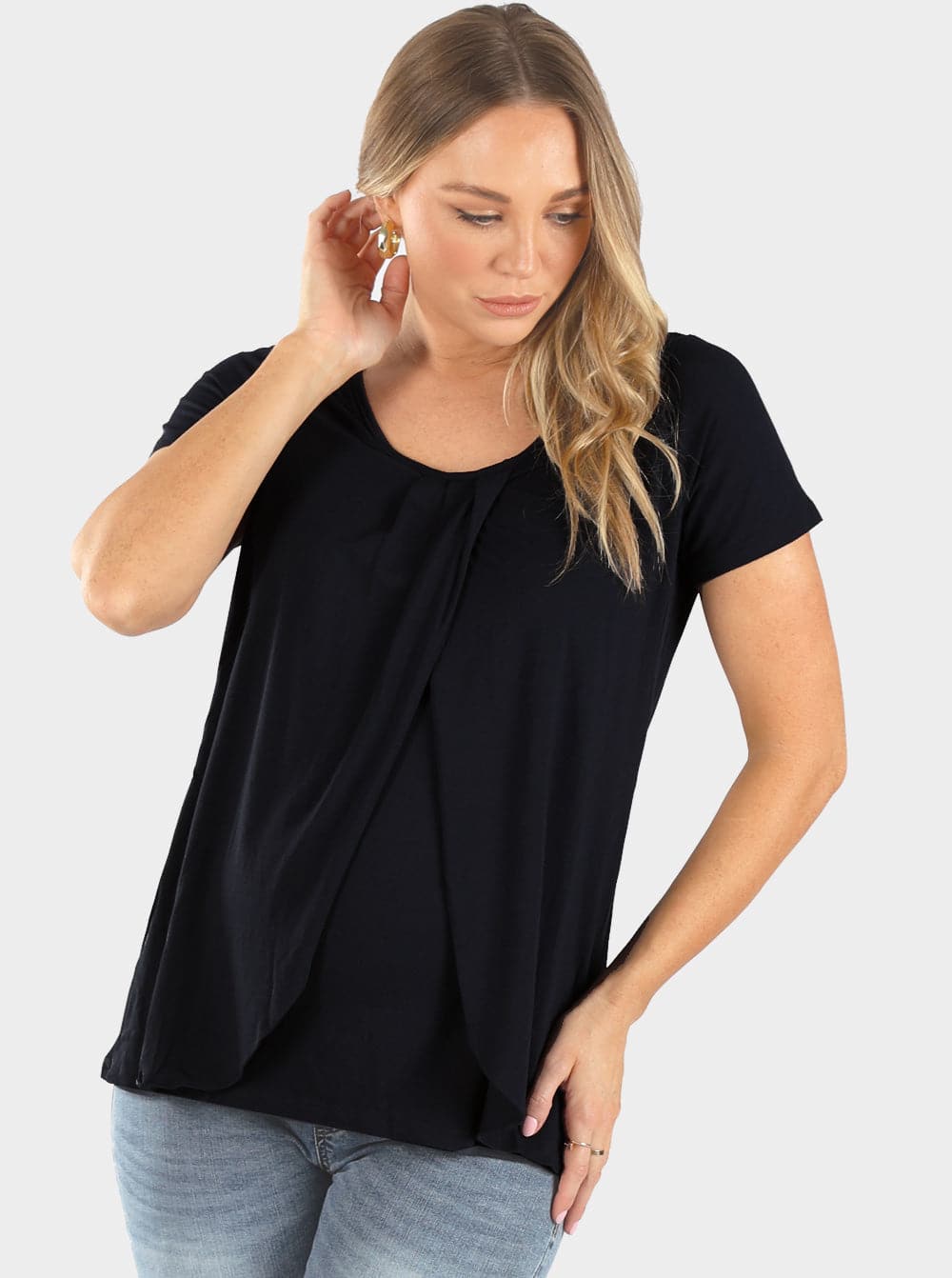 Maternity & Nursing Petal Front Short Sleeve Top in Black - Angel Maternity - Maternity clothes - shop online (6596106780775)