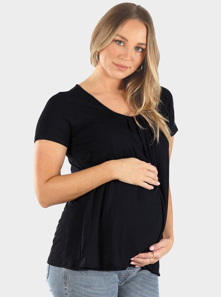 Maternity & Nursing Petal Front Short Sleeve Top in Black - Angel Maternity - Maternity clothes - shop online (6596106780775)