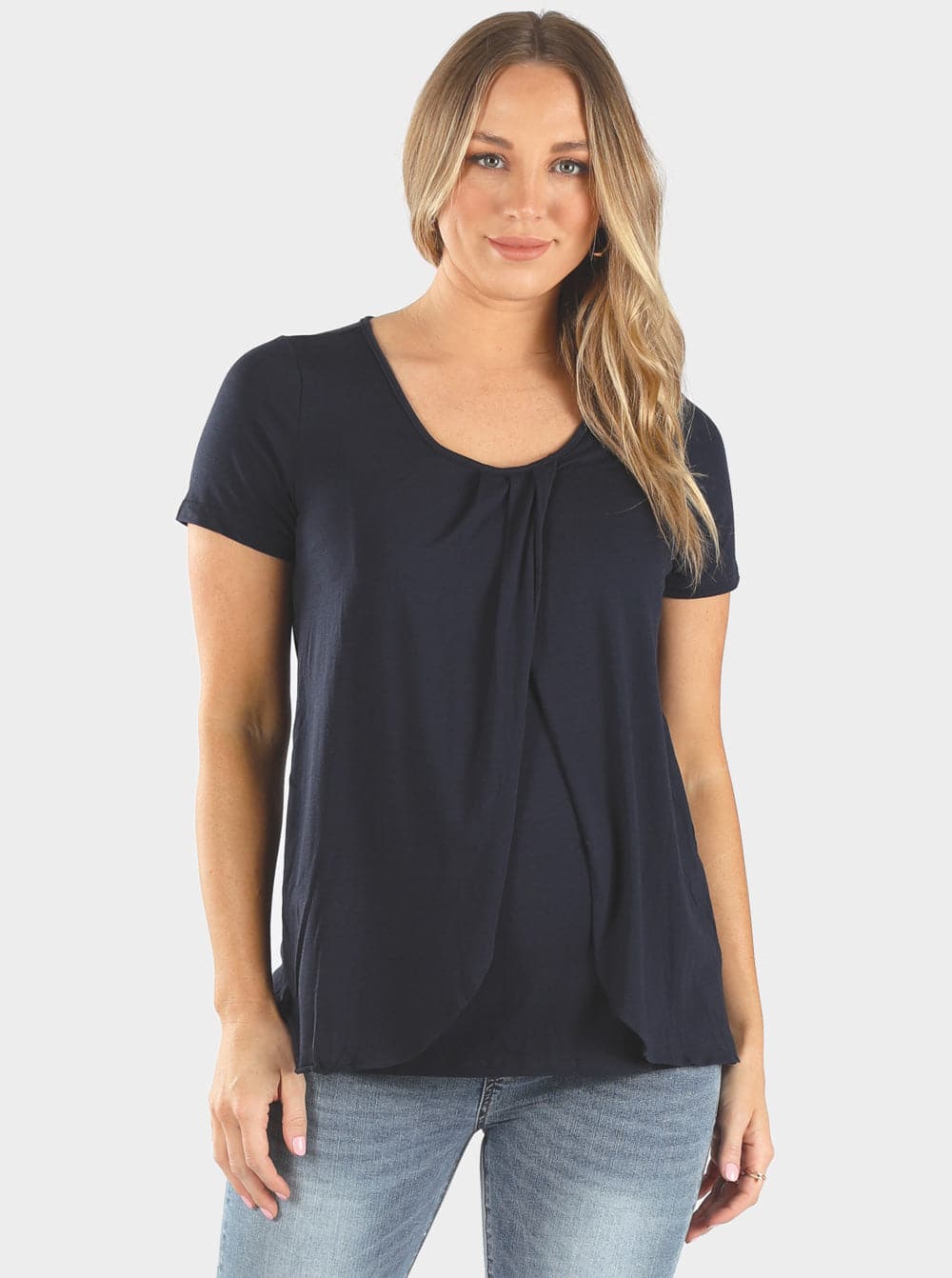 Maternity & Nursing Petal Front Short Sleeve Top in Navy - Angel Maternity - Maternity clothes - shop online (11801770773)