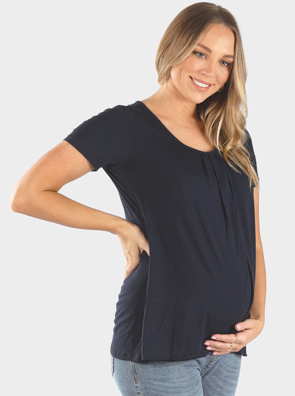 Maternity & Nursing Petal Front Short Sleeve Top in Navy - Angel Maternity - Maternity clothes - shop online (11801770773)