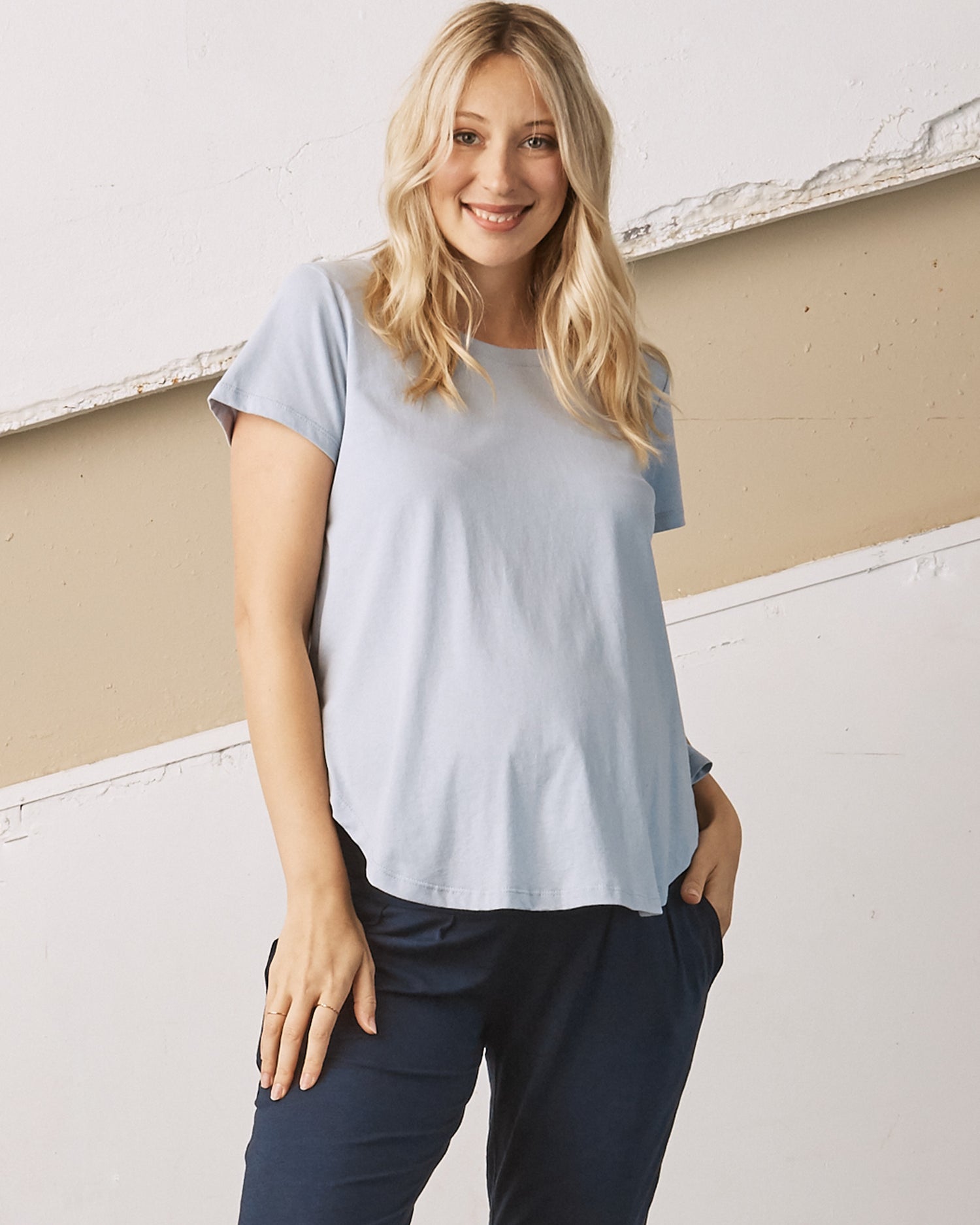 Main view - A Pregnant Woman in Basic Ice Blue Short Sleeve Maternity Cotton T-shirt (6708951613543)