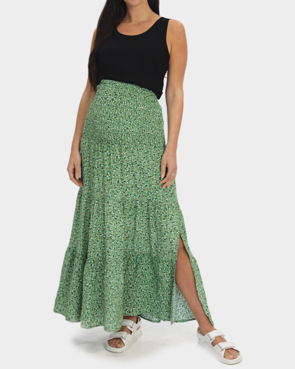 Maternity Shirred Maxi Skirt in Green Floral Print - Angel Maternity - Maternity clothes - shop online (6591600820327)