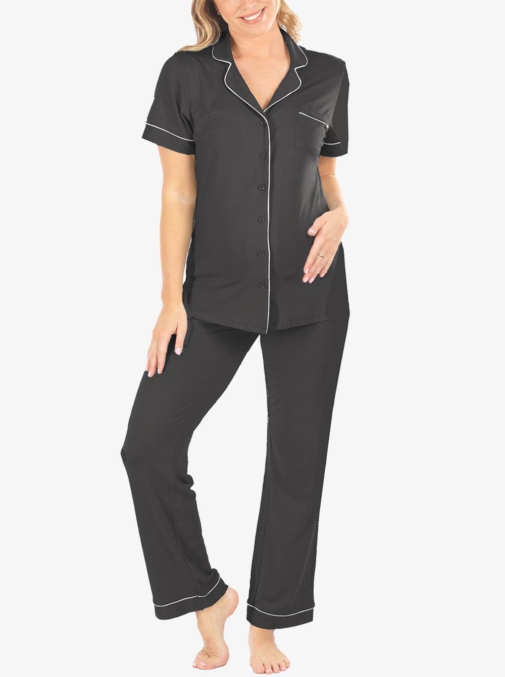 Maternity and Nursing short Sleeve Pyjama Set in Black Bamboo (6594432172135)