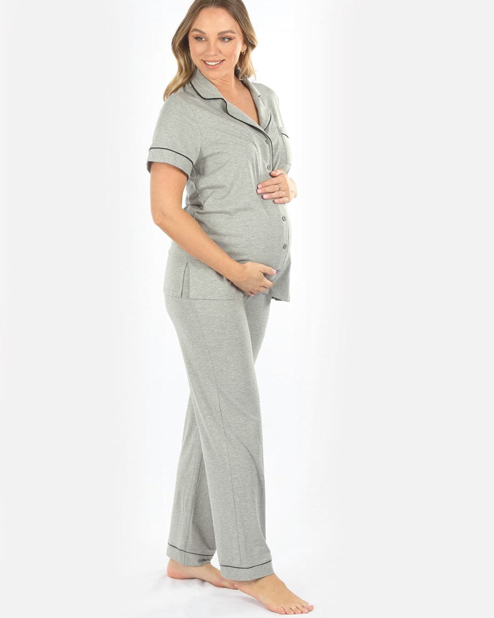 Maternity and Nursing short Sleeve Pyjama Set in Marl Grey Bamboo (6594432827495)
