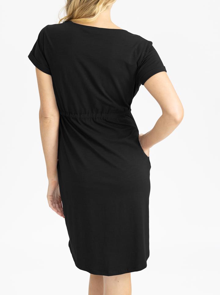 Back View - Mia Maternity & Nursing Zipper Drawstring Dress in Black