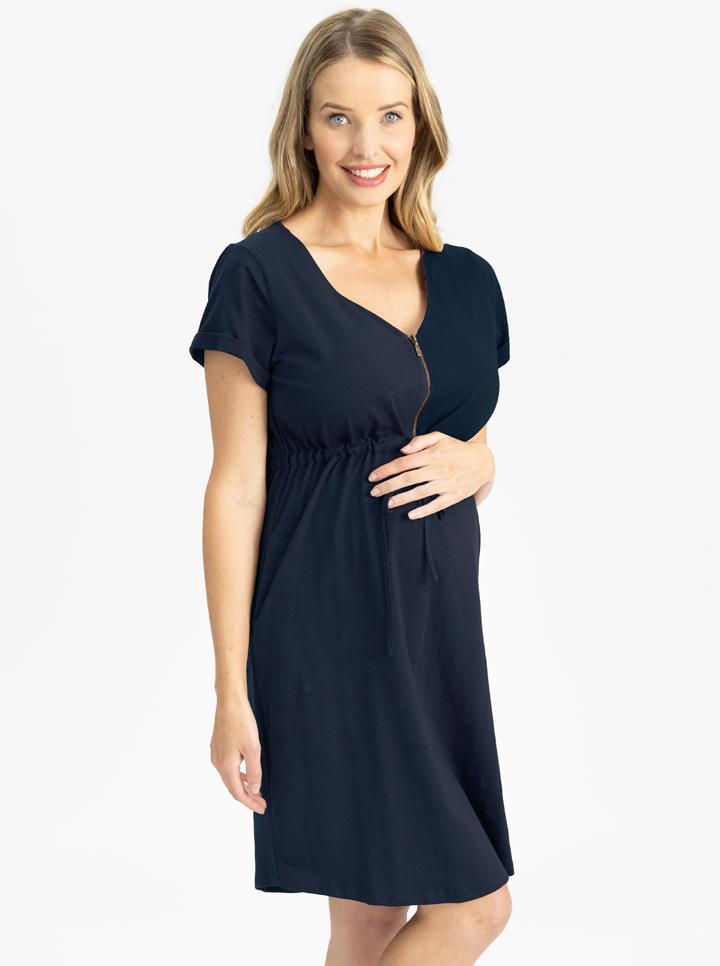 Maternity & Nursing Zipper Drawstring Dress in Navyside (4725945401447)