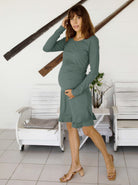 Alethea Long Sleeve Frilled Sage Green Bodycon Maternity Dress (6660407165031)