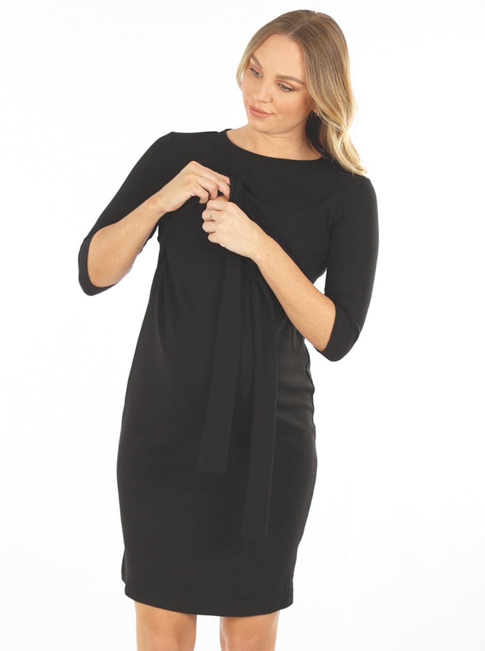Maternity and Nursing Tie Knot Dress in Black from Angel Maternity Maternity Showing Breastfeeding Access