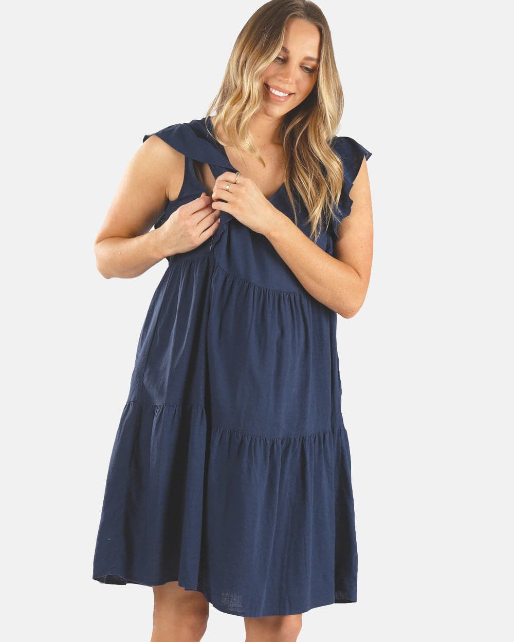 Tiered Linen Maternity Dress in Navy - Angel Maternity - Maternity clothes - shop online (6584276287591)
