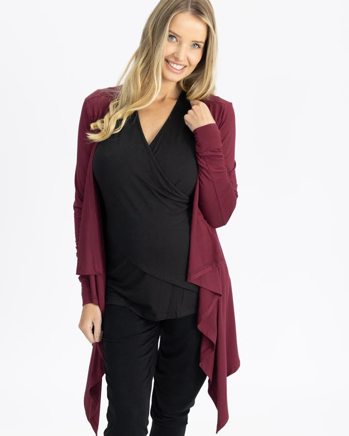 Maternity Waterfall Long Cardigan - Red Burgundy front (4617801334887)