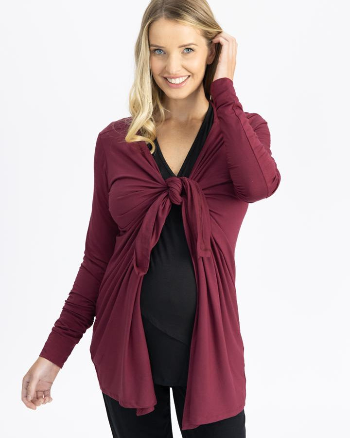 Maternity Waterfall Long Cardigan - Red Burgundy tie up (4617801334887)