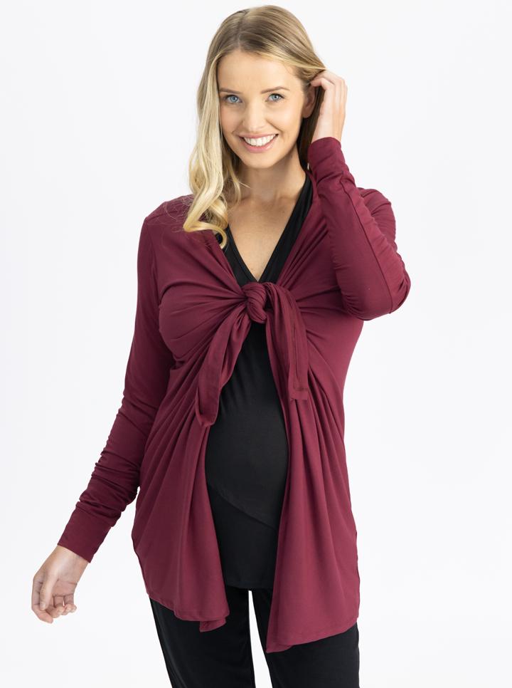 Maternity Waterfall Long Cardigan - Red Burgundy tie up (4617801334887)