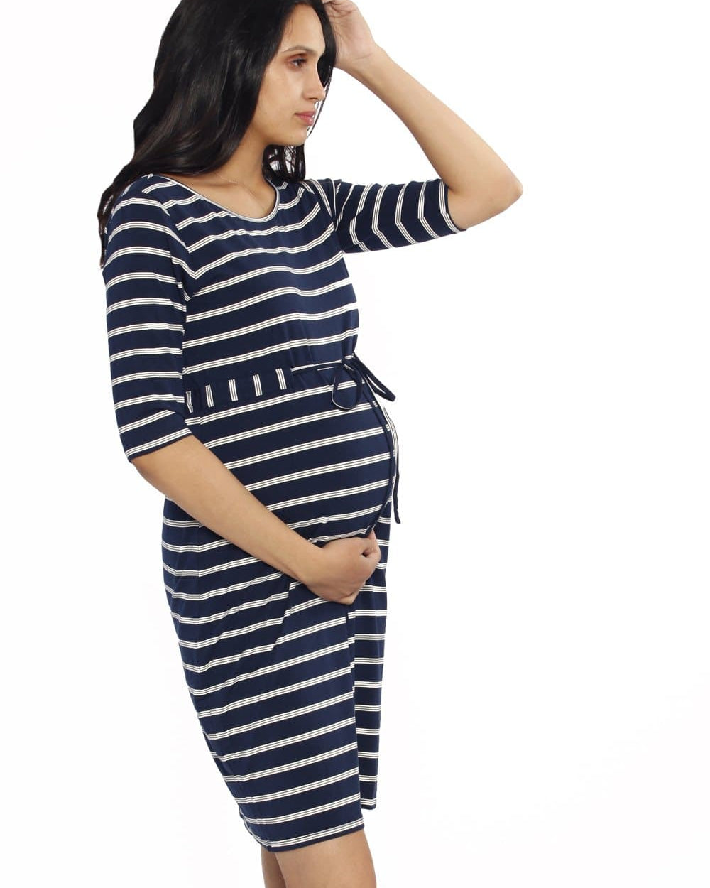 The Mummy Drawstring Half Sleeve Dress - Navy & White Stripes - Angel Maternity - Maternity clothes - shop online (1398312960103)