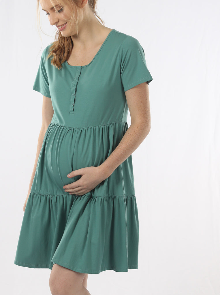 Side View - A pregnant Woman in Sage Green Maternity Tiered Dress