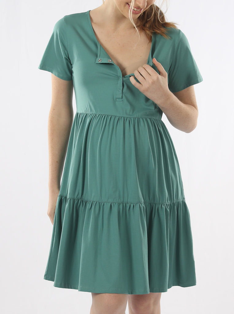 A pregnant Woman in Sage Green Maternity Tiered Dress Showing Breastfeeding Access