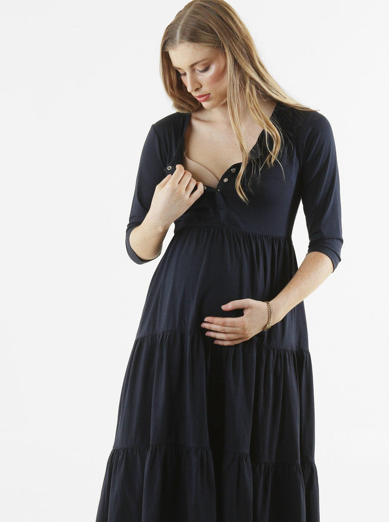 Lili Maternity Tiered Midi Dress in Black (6653090398311)