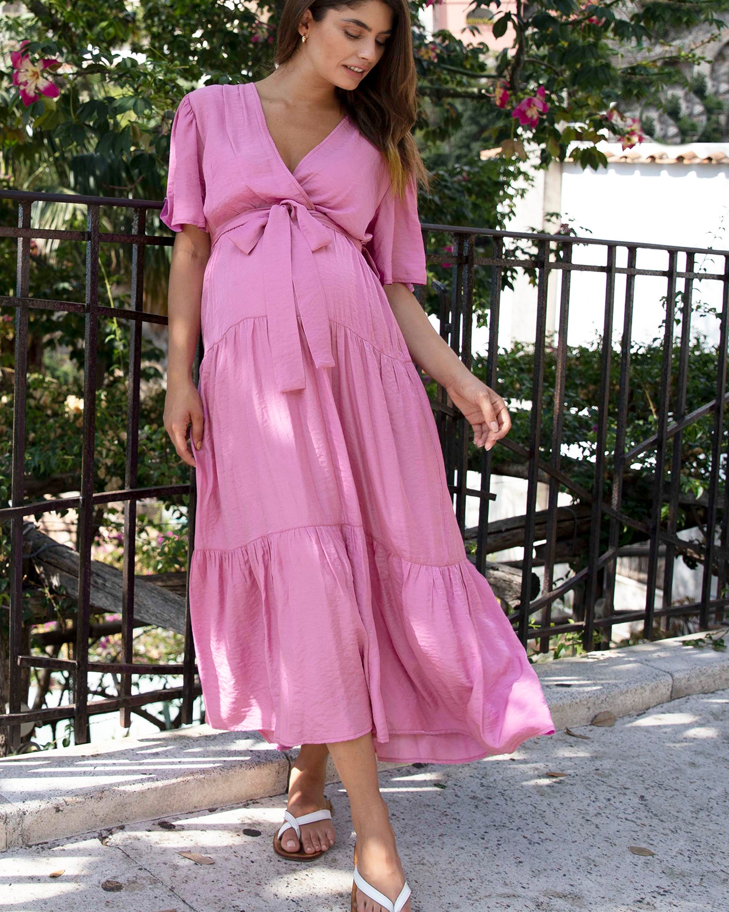 Main view - A Pregnant Woman in Pink Overlay V-neckline Maternity Maxi Dress  (6595177873511)