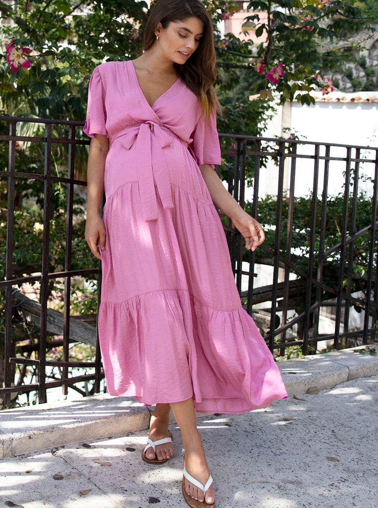 Main view - A Pregnant Woman in Pink Overlay V-neckline Maternity Maxi Dress  (6595177873511)