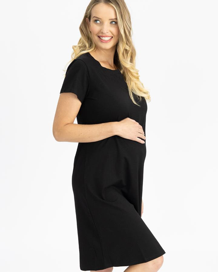 Side View - Maternity Cotton T-Shirt Dress in Black from Angel Maternity Australia