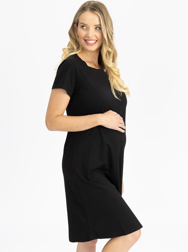 Side View - Maternity Cotton T-Shirt Dress in Black from Angel Maternity Australia
